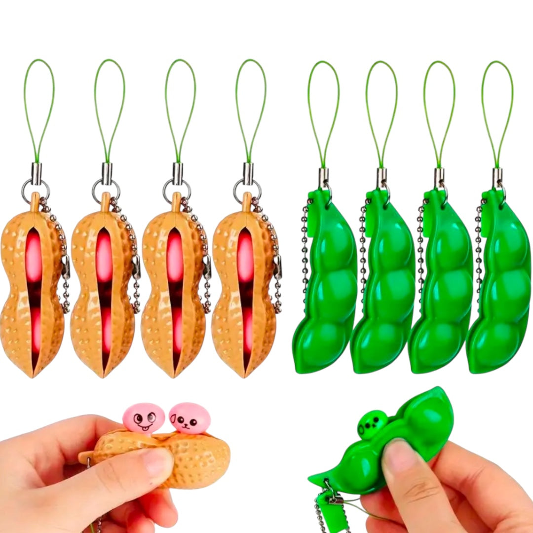 Fidgetböna & Jordnöt Nyckelring, 2-pack Liten, Rolig och Stresslindrande